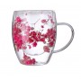 Set 2 cești cu pereți dubli, 350 ml, din sticlă borosilicată, cu decor floral uscat în bază — pentru băuturi calde și reci, Roz.