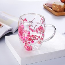 Set 2 cești cu pereți dubli, 350 ml, din sticlă borosilicată, cu decor floral uscat în bază — pentru băuturi calde și reci, Roz.