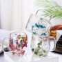 Set 2 cești cu pereți dubli, 350 ml, din sticlă borosilicată, cu decor floral uscat în bază — pentru băuturi calde și reci, Roz.