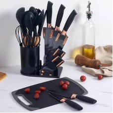 Set cutite otel inoxidabil si ustensile de bucatarie in suport 20 piese, Negru
