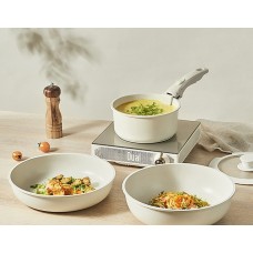 Set vase 5 piese: 2 tigăi + 1 cratiță + capac + mâner detașabil universal, alb laptos, antiaderent, pentru plită și cuptor