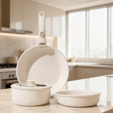 Set vase 5 piese: 2 tigăi + 1 cratiță + capac + mâner detașabil universal, alb laptos, antiaderent, pentru plită și cuptor