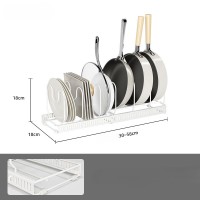 Suport telescopic premium alb pentru capace și ustensile, cu benzi antialunecare din silicon și structură ranforsată, extensibil 30–58 cm