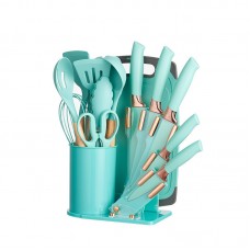 Set cutite otel inoxidabil si ustensile de bucatarie in suport 20 piese, Verde