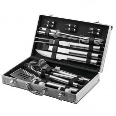 Set ustensile grătar 18 piese cu husă aluminiu, inox + silicon, mânere lungi, argintiu