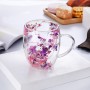 Set 2 cești cu pereți dubli, 350 ml, din sticlă borosilicată, cu decor floral uscat în bază — pentru băuturi calde și reci. Violet.