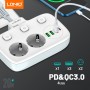 Prelungitor LDNIO cu 2 Prize Schuko și 4 Porturi de Încărcare (3xUSB-A + 1xUSB-C QC/PD) – Puternic, Compact și Sigur.Alb.