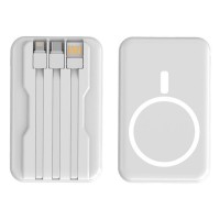 Power Bank Magnetic Wireless, 10000 mAh, 22.5W, Încărcare wireless 15W, 3 cabluri integrate, 2 porturi, Afișaj digital, Stand metalic, Alb