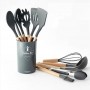 Set 12 ustensile de bucatarie din silicon termorezistent si maner din lemn natural, Gri deschis
