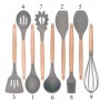 Set 12 ustensile de bucatarie din silicon termorezistent si maner din lemn natural, Gri deschis