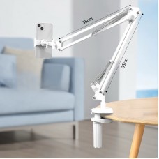 Suport telefon , braț mecanic cu 2 segmente,rotire 360° / bază integrată, Alb