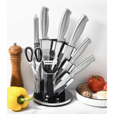 Set 5 cutite profesionale, foarfece de bucatarie, curatator pentru legume, ascutitor cutite, cu suport, Otel inoxidabil, Lame ascutite, Argint