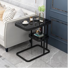 Măsuță laterală tip suport, 50×30×55 cm, blat imitație marmură negru, cadru metalic negru