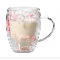 Cana cu flori uscate, perete dublu, sticla borosilicata, izolare termica, 350 ml, transparent, Roz