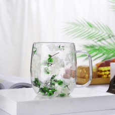 Cana cu flori uscate, perete dublu, sticla borosilicata, izolare termica, 350 ml, transparent, Verde