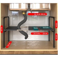 Organizator extensibil sub chiuvetă, 1 nivel, raft metalic retractabil cu 3 plăci din plastic, pentru bucătărie și baie,  negru.