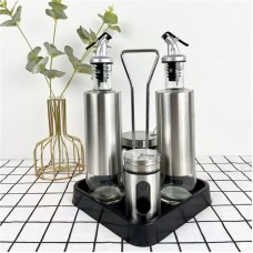 Set elegant pentru ulei, oțet, sare și piper – din sticlă și inox, cu suport organizator