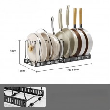 Suport telescopic negru pentru oale și tigăi, 10 suporturi, extensibil 30–58 cm – organizator practic pentru bucătărie