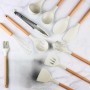 Set 11 ustensile de bucatarie din silicon termorezistent si maner din lemn natural, Alb