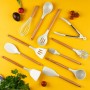 Set 11 ustensile de bucatarie din silicon termorezistent si maner din lemn natural, Alb