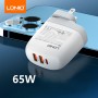 Încărcător Rapid LDNIO 65W cu 3 Porturi USB și Adaptor de Priză Detașabil – Universal, Compact și Ideal pentru Călătorii. Alb.