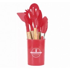 Set 12 ustensile de bucatarie din silicon termorezistent si maner din lemn natural, Rosu