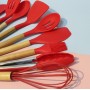 Set 12 ustensile de bucatarie din silicon termorezistent si maner din lemn natural, Rosu