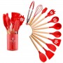 Set 12 ustensile de bucatarie din silicon termorezistent si maner din lemn natural, Rosu