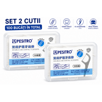 Set 2 cutii x 50 bucăți ață dentară Pesitro cu scobitoare, fir dublu ultra-rezistent, 100 bucăți