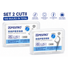 Set 2 cutii x 50 bucăți ață dentară Pesitro cu scobitoare, fir dublu ultra-rezistent, 100 bucăți