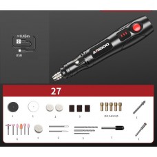 Mini-freză electrică ARIDOO, 27 accesorii, viteză reglabilă 5.000–20.000 rpm – pentru gravură, tăiere, șlefuire și polizare