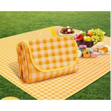 Covor de picnic și plajă impermeabil, pliabil, cu mâner, 200×200 cm – galben cu carouri albe