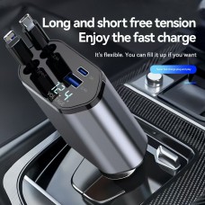 Încărcător Auto Retractabil 4 în 1, 100W Super Fast, 2 Cabluri Integrate + USB & Type-C, Afișaj Tensiune, Negru