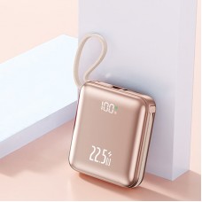 Powerbank universal 20.000 mAh cu cablu integrat, două ieșiri (Type-C și Lightning) și port unic de încărcare Type-C. Auriu Powerbank universal 20.000 mAh cu cablu integrat, două ieșiri (Type-C și Lightning) și port unic de încărcare Type-C. Auriu