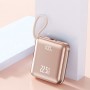 Powerbank universal 20.000 mAh cu cablu integrat, două ieșiri (Type-C și Lightning) și port unic de încărcare Type-C. Auriu