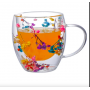Set 2 cești cu pereți dubli, 350 ml, din sticlă borosilicată, cu decor floral uscat în bază — pentru băuturi calde și reci, Multifloral.