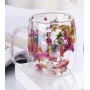 Set 2 cești cu pereți dubli, 350 ml, din sticlă borosilicată, cu decor floral uscat în bază — pentru băuturi calde și reci, Multifloral.