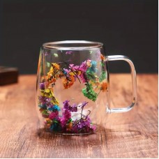 Set 2 cești cu pereți dubli, 350 ml, din sticlă borosilicată, cu decor floral uscat în bază — pentru băuturi calde și reci, Multifloral.
