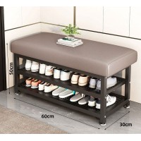 Bancă Hol din Metal cu 2 Rafturi pentru Pantofi și Șezut Confortabil din Piele PU, Suport Organizare pentru Spații Mici, Culoare Gri, 60 x 30 x 50 cm