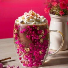 Cana cu flori uscate, perete dublu, sticla borosilicata, izolare termica, 250 ml, Roz intens