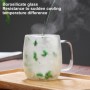 Set 2 cești cu pereți dubli, 350 ml, din sticlă borosilicată, cu decor floral uscat în bază — pentru băuturi calde și reci. Verde
