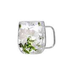Set 2 cești cu pereți dubli, 350 ml, din sticlă borosilicată, cu decor floral uscat în bază — pentru băuturi calde și reci. Verde