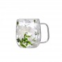 Set 2 cești cu pereți dubli, 350 ml, din sticlă borosilicată, cu decor floral uscat în bază — pentru băuturi calde și reci. Verde