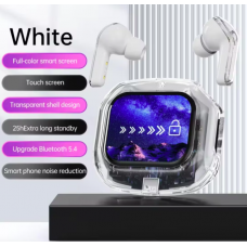 Căști wireless cu ecran tactil color și Bluetooth 5.4 – Alb, cu husă transparentă