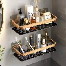 Etajeră de baie autoadezivă din aluminiu, montaj fără găurire, dreptunghi lung, negru cu detalii auriu – 30x13x4,8 cm