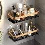 Etajeră de baie autoadezivă din aluminiu, montaj fără găurire, dreptunghi lung, negru cu detalii auriu – 30x13x4,8 cm