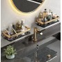 Etajeră de baie autoadezivă din aluminiu, montaj fără găurire, dreptunghi lung, negru cu detalii auriu – 30x13x4,8 cm
