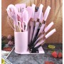 Set cutite otel inoxidabil si ustensile de bucatarie in suport 20 piese, Roz