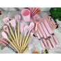 Set cutite otel inoxidabil si ustensile de bucatarie in suport 20 piese, Roz