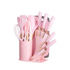 Set cutite otel inoxidabil si ustensile de bucatarie in suport 20 piese, Roz